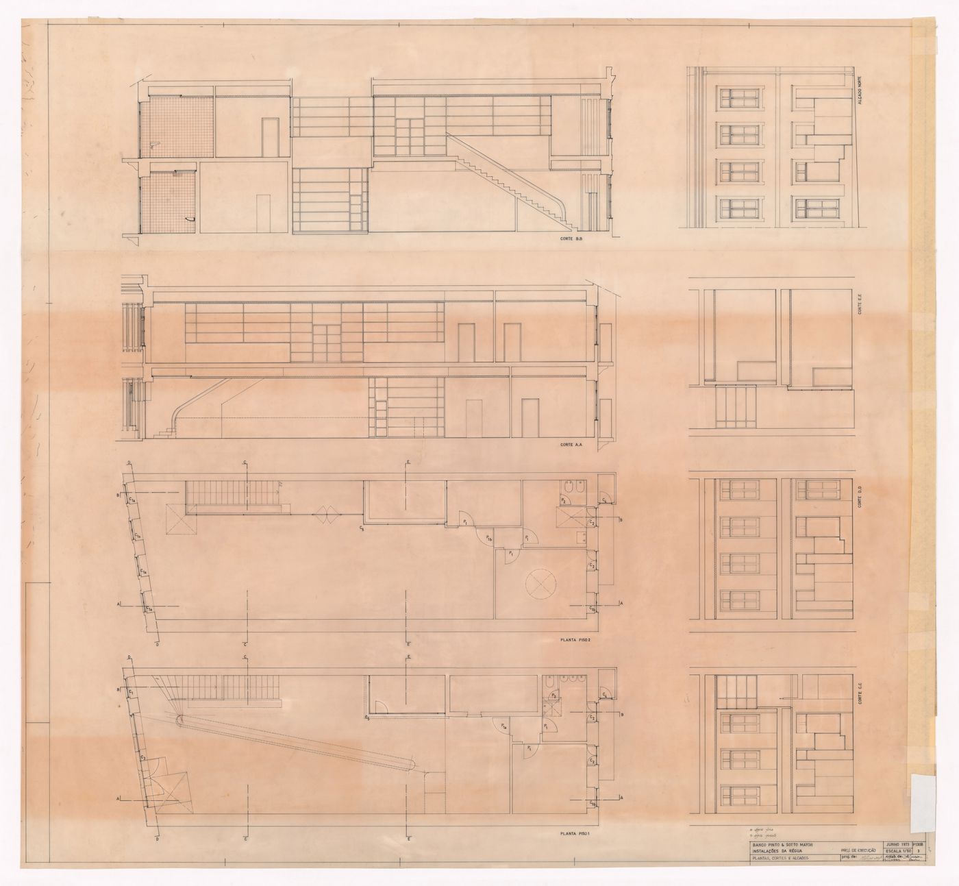 Plans, sections, and elevation for Banco Pinto & Sotto Mayor, Régua, Portugal