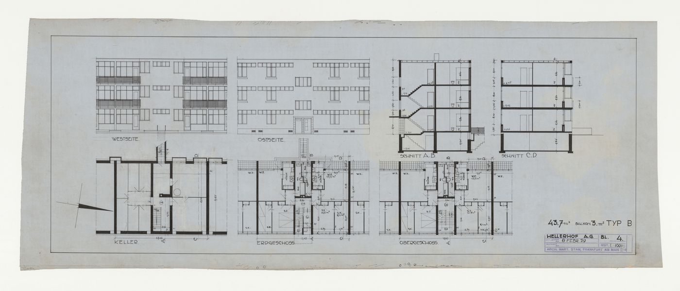 Basement, ground, and first floor plans, east and west elevations, and sections for a type B housing unit, Hellerhof Housing Estate, Frankfurt am Main, Germany