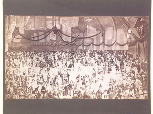 Interior view of the Victoria Skating Rink with the skaters wearing costumes, Montreal, Quebec, Canada