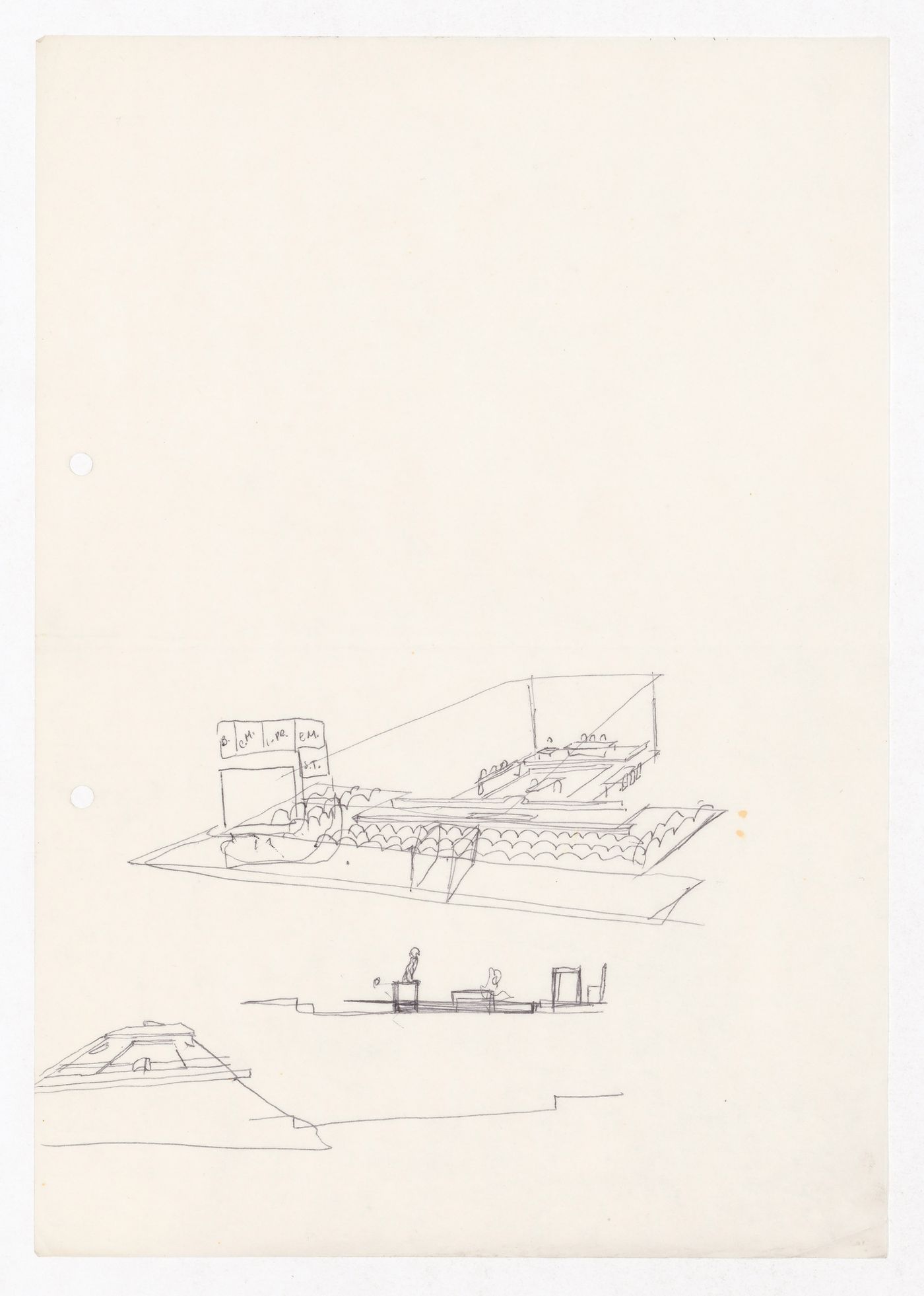 Sketch perspectives, section and floor plan for Palácio de Jústiça, Montemor-o-Velho, Portugal