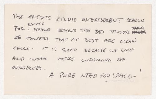The artists studio an exuberant search for escape space beyond the sad prison towers that at best are clean cells. It is good because we live and work here working for ourselves. / A pure need for space