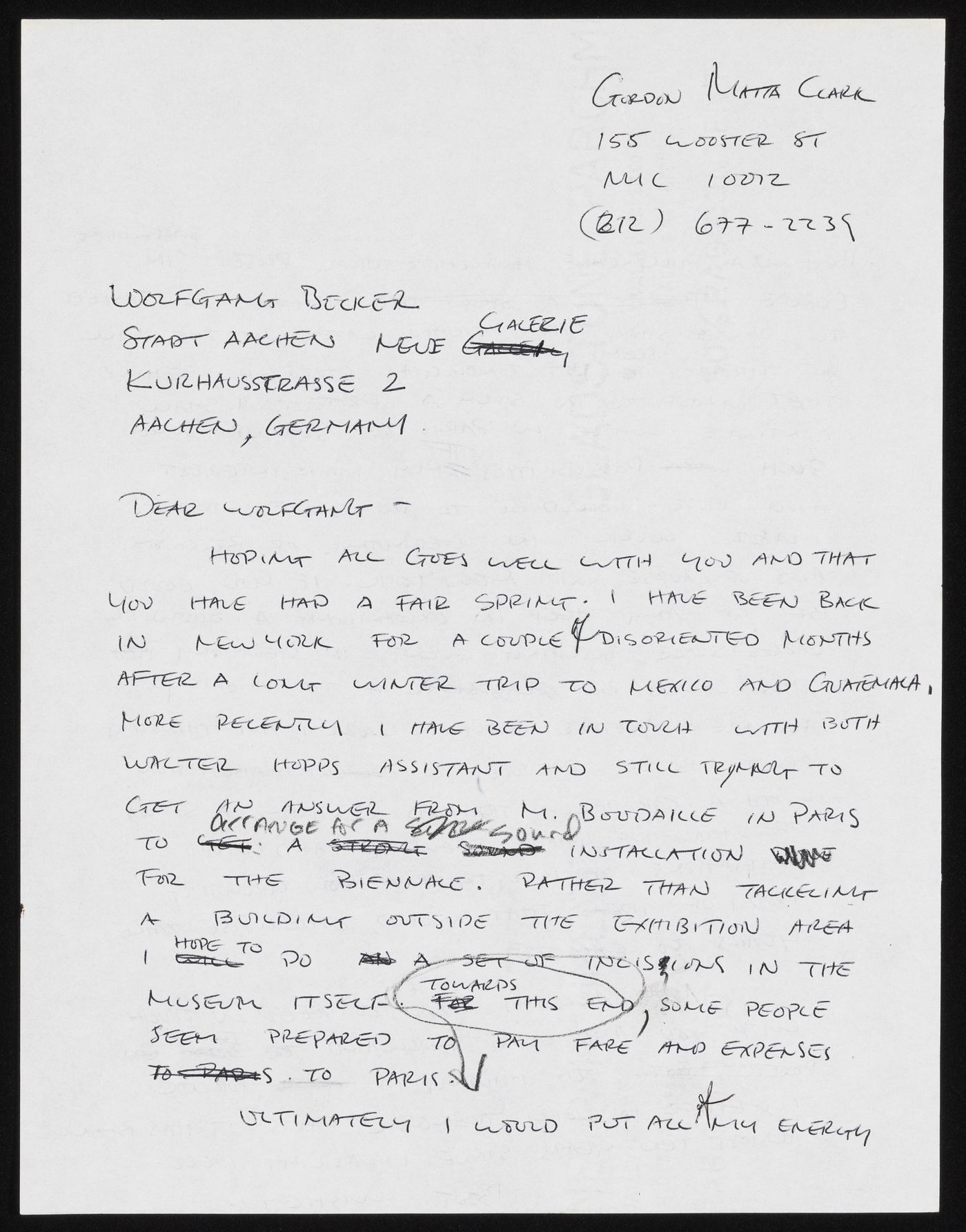 Letter from Gordon Matta-Clark to Wolfgang Becker