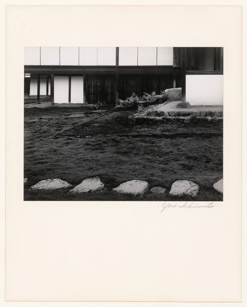 Partial view of the southeast side of the Middle Shoin and a corner of the Old Shoin showing stepping-stones in the foreground, Katsura Rikyu (also known as Katsura Imperial Villa), Kyoto, Japan