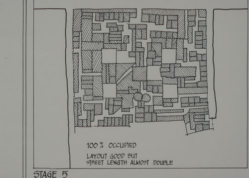 Site plan showing fifth stage of plot design process for the Aranya Housing Project, Indore, India
