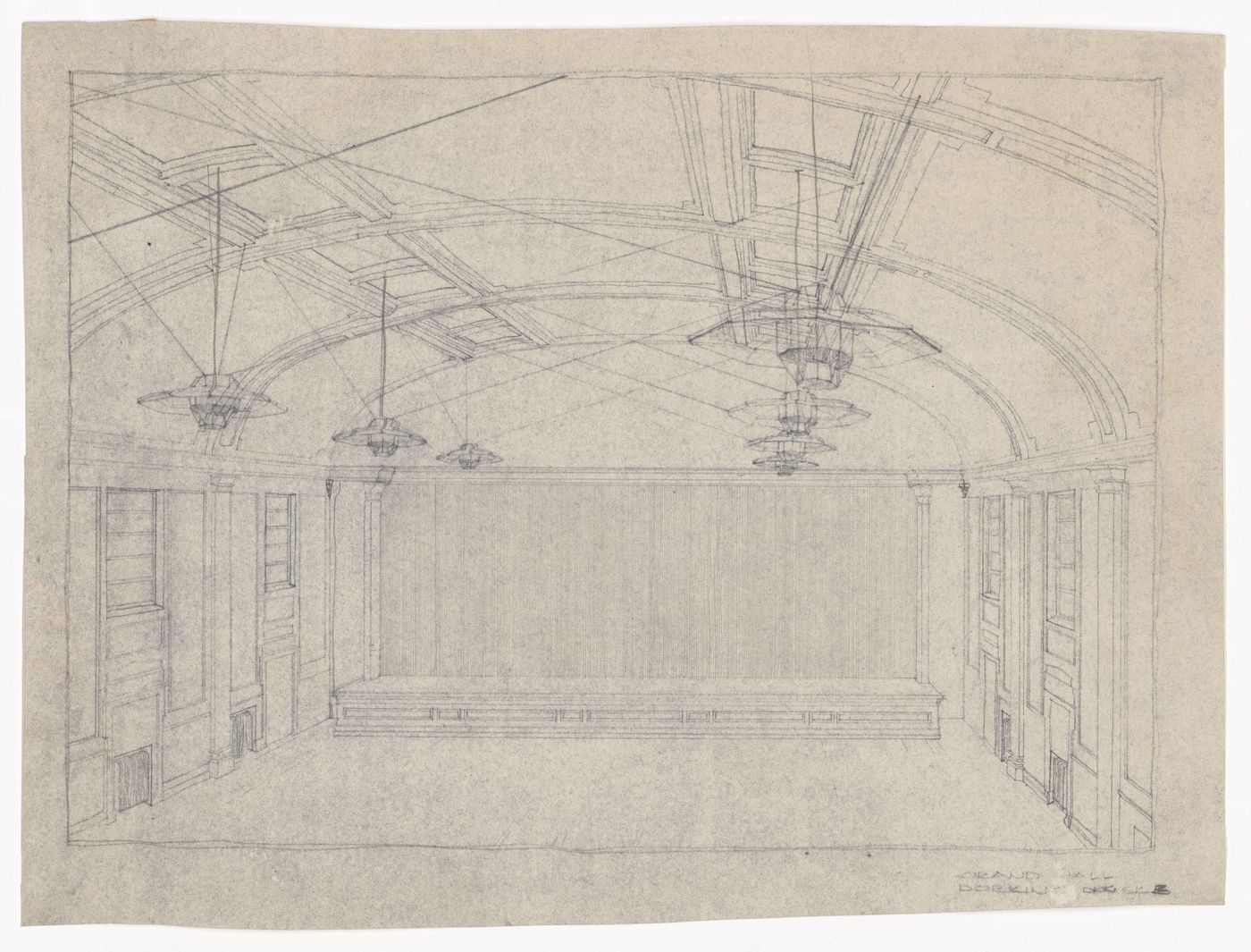 Perspective view, interior design, Dorking Halls, England