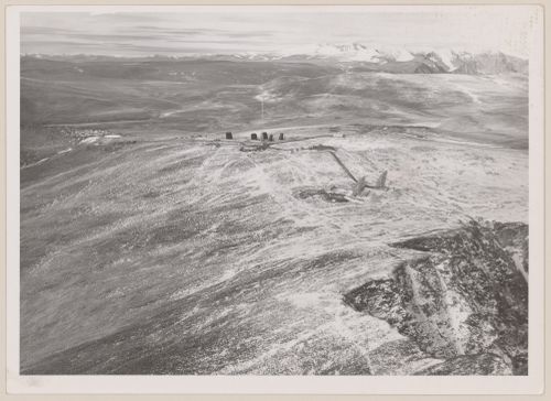 Aerial view of DEW Line radar station DYE-Main and DEW Drop troposcatter telecommunication system, Cape Dyer, Nunavut, Canada