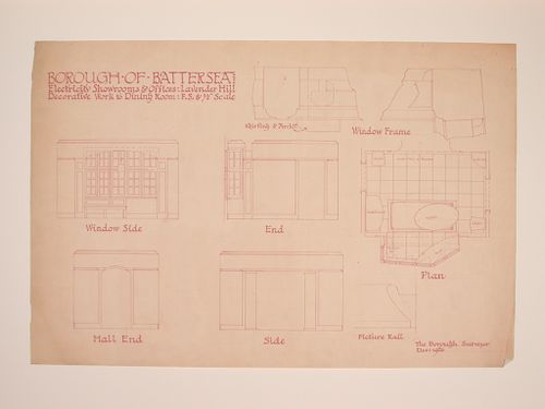 Plan, interior elevations and sections for the model dining room, Electric House, Battersea Borough