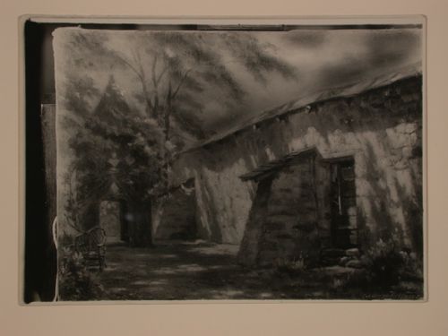 Photograph of a painting of a buttressed wall