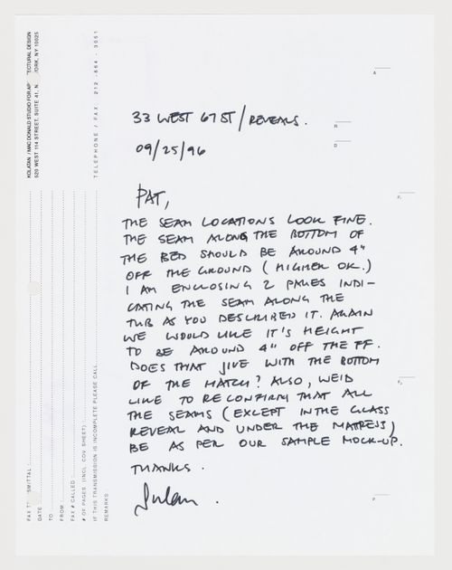 Fax to fibreglass manufacturer specifying seam locations for bed/bath element