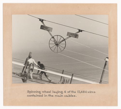 View of construction workers spinning cable on the San Francisco-Oakland Bay Bridge, San Francisco, California, United States