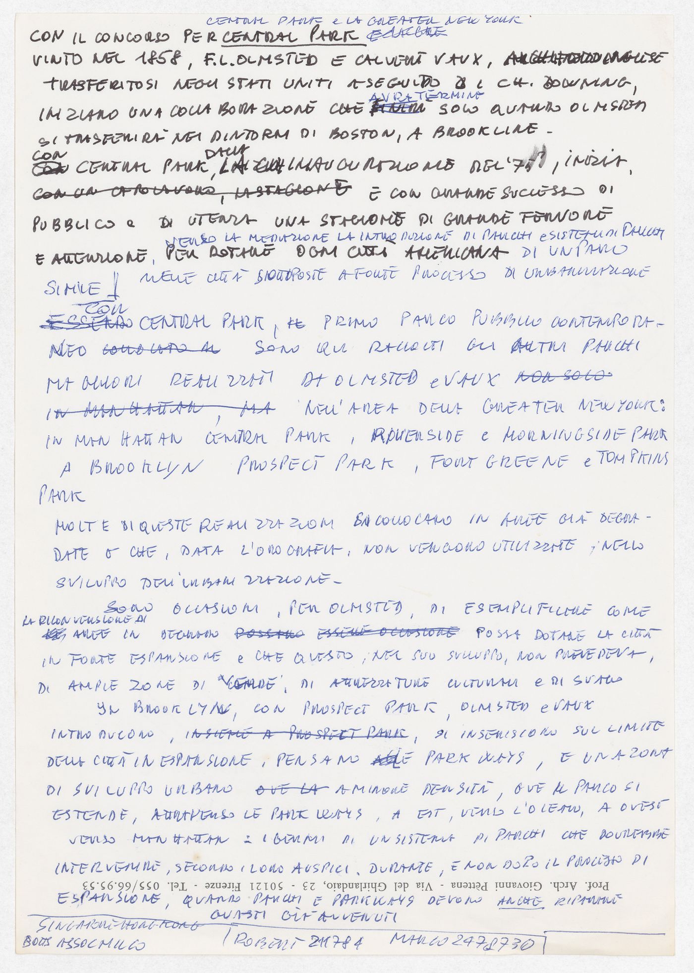 Correspondence or notes on Olmsted for the exhibition Olmsted: L'origine del parco urbano e del parco naturale contemporaneo