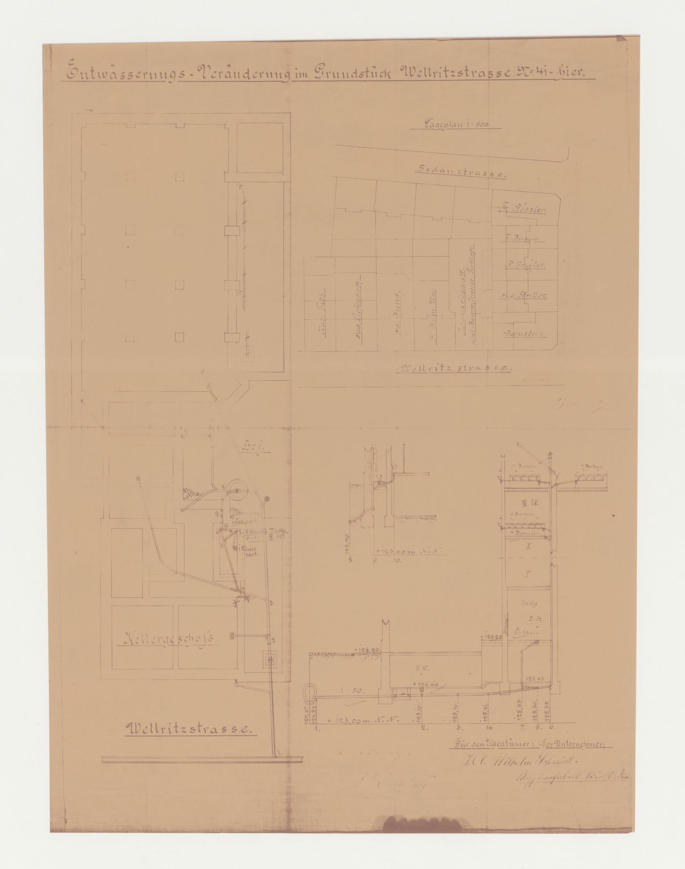 Site plan, plans and sections showing sanitary drainage systems, possibly for a housing estate, Wellritzstrasse, Wiesbaden, Germany