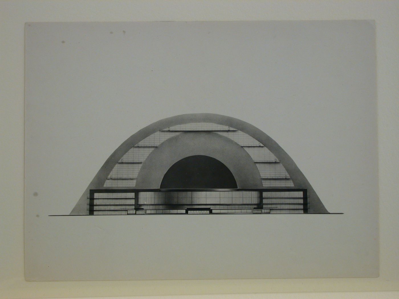 Photograph of an elevation for the first round of competition for a "synthetic theater" in Sverdlovsk, Soviet Union (now Ekaterinburg, Russia)