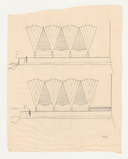 Two alternate elevations for a chapel roof canopy based on the Wayfarers' Chapel design