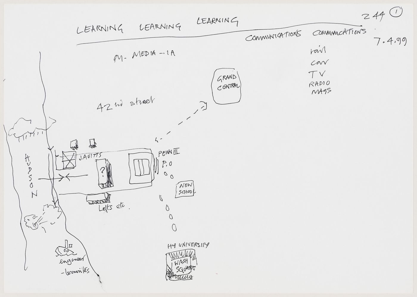 Project of Cedric Price Architects for the IFCCA Prize for the Design of Cities competition: sketch plan of competition site highlighting its position in relation to Grand Central Station, the New School and New York University (document from the IFPRI project records)