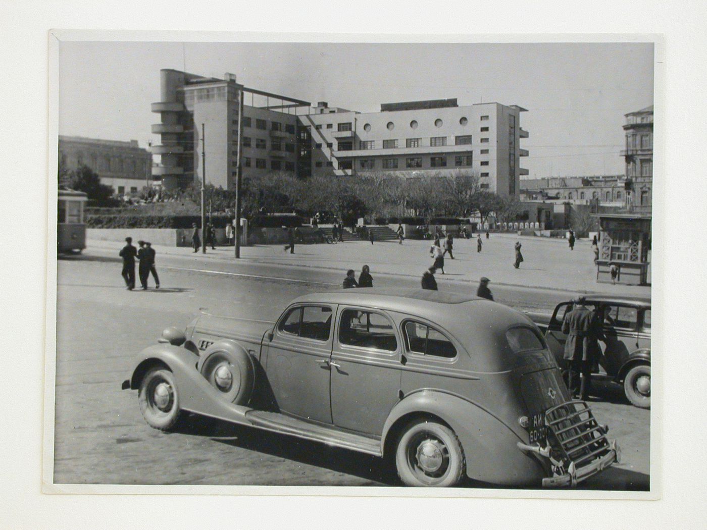 Exterior view of the Palace of the Azerbaijan Press from across Nizami Square, Baku, Soviet Union (now in Azerbaijan)