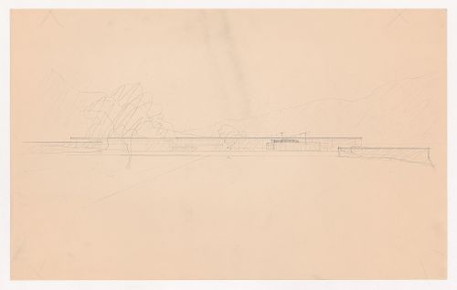 Perspective for the principal elevation for Museum for a Small City with surrounding landscape