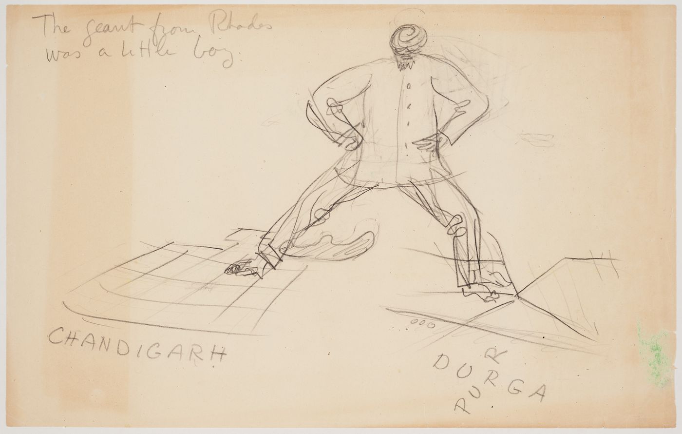 Drawing depicting a colossus with a foot in Chandigarh and a foot in Durgapur
