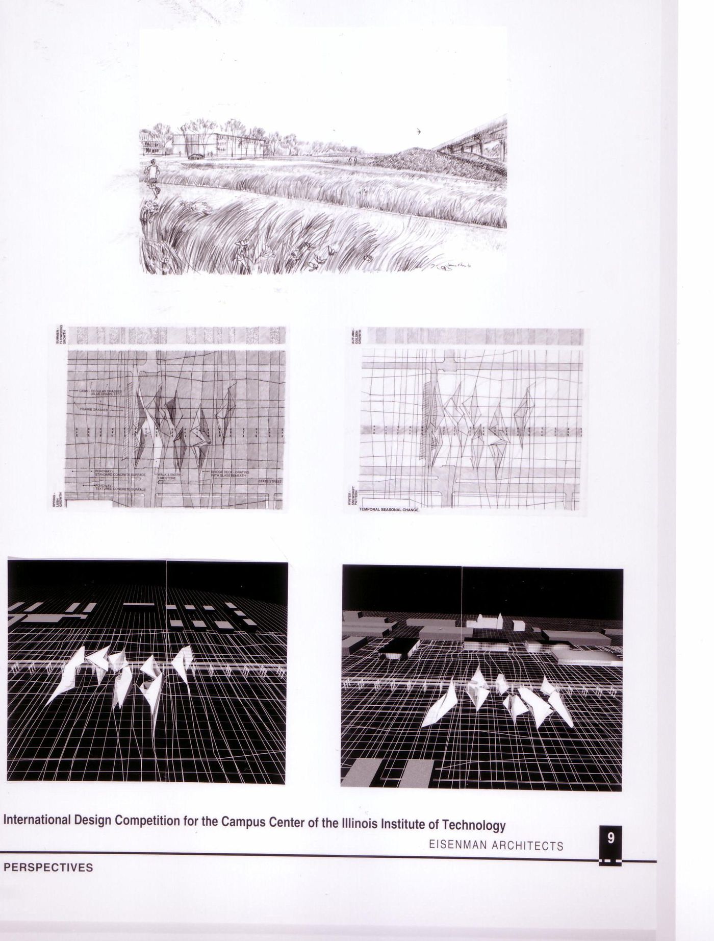 Perspectives, submission to the Richard H. Driehaus Foundation International Design Competition for a new campus center (1997-98), Illinois Institute of Technology, Chicago, Illinois