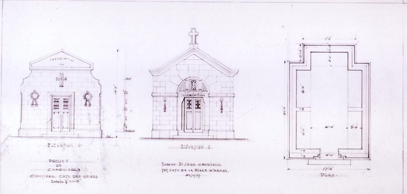 Plan and elevations for ossuaries for Cimetière Notre-Dame des Neiges, Montréal