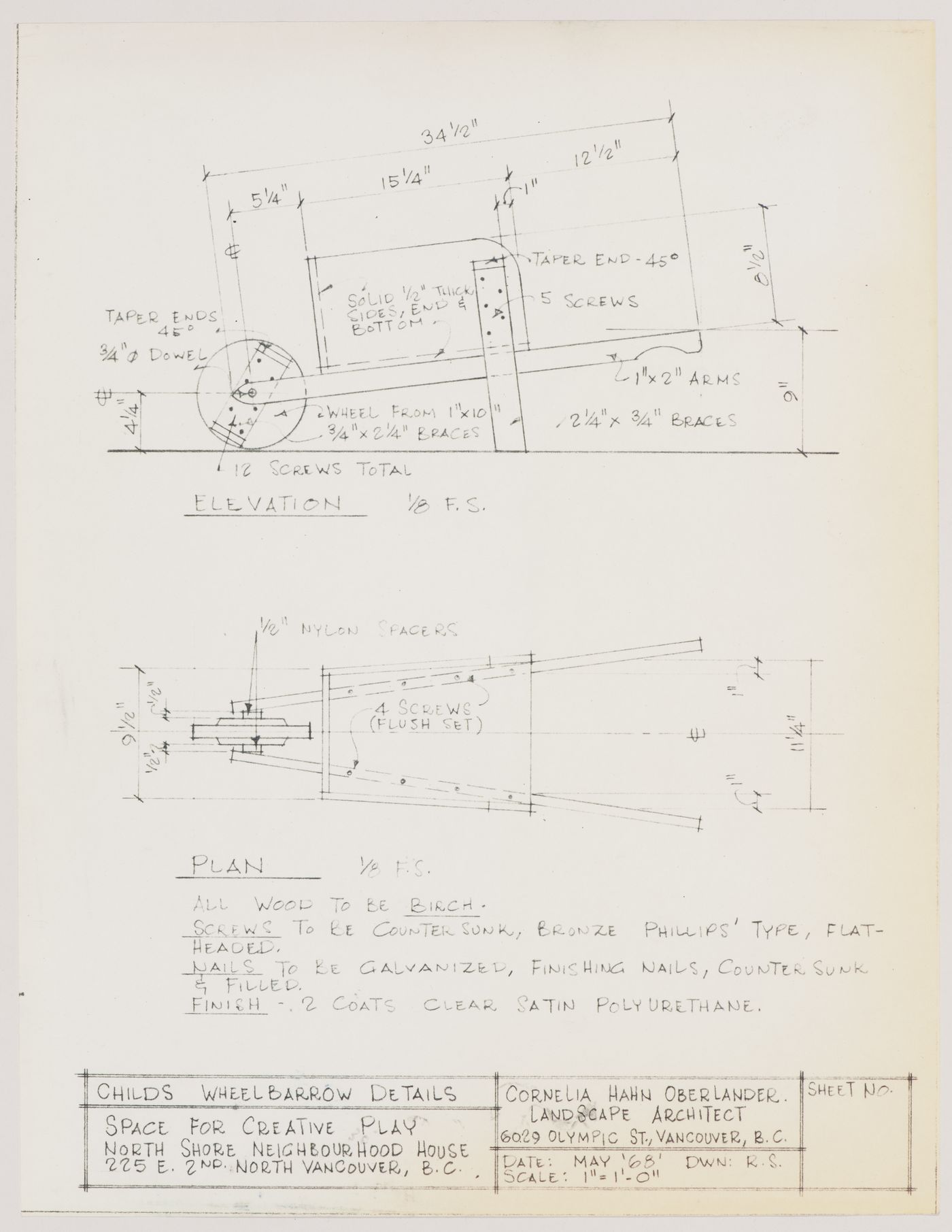 Plan and elevation of a childs wheelbarrow, Northshore Neighbourhood House, North Vancouver, British Columbia