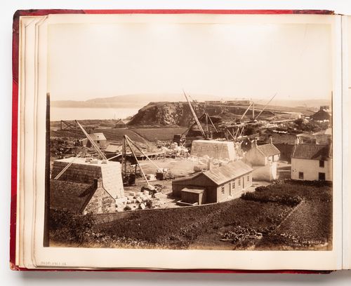 View of a building site for the construction of the Forth Bridge, Firth of Forth, Scotland, United Kingdom