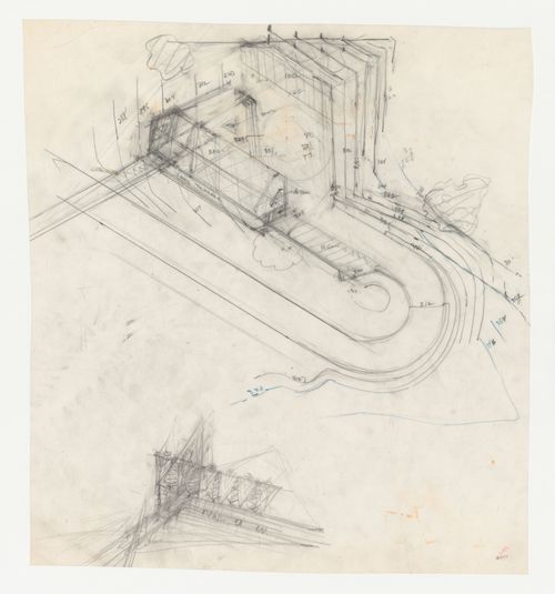 Swedenborg Memorial Chapel, El Cerrito, California: Partial sketch site plan for the chapel vicinity and sketch elevation for the chapel and tower