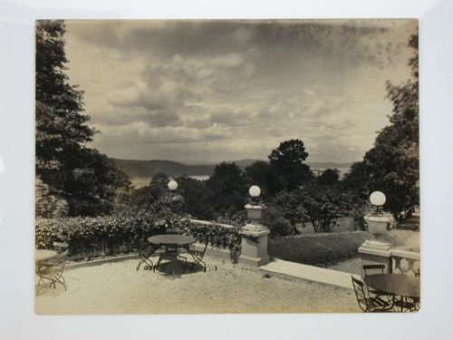 View from the Longue Vue Golf Course clubhouse terrace showing a river and hills in the distance, New York [?], United States