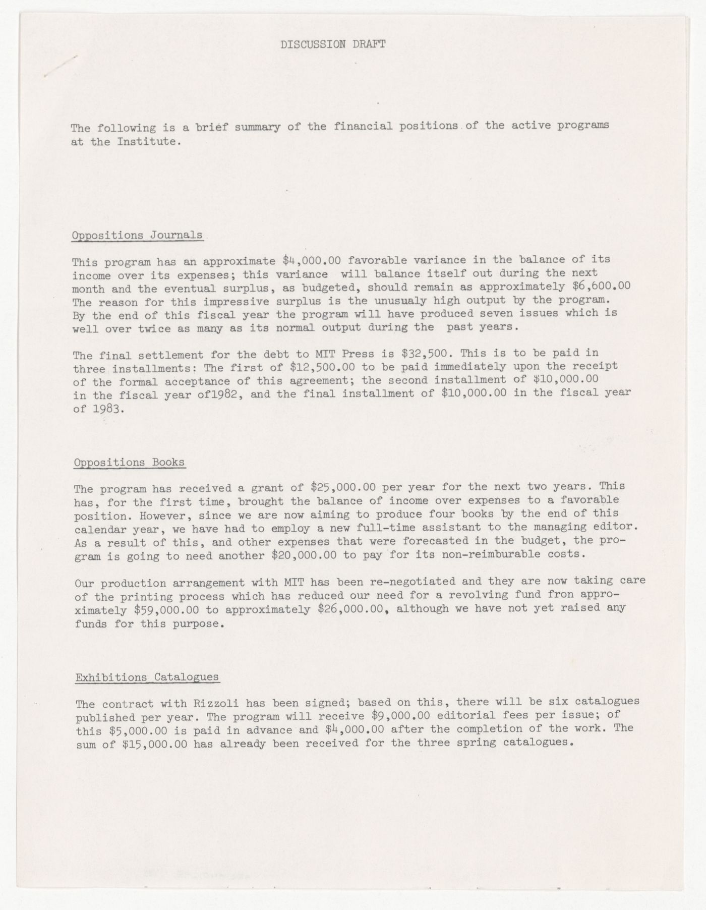 Discussion draft about financial positions for IAUS active programs with annotations by Peter D. Eisenman