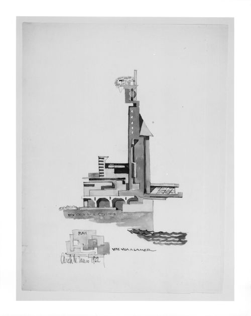 Design for a fantasy villa on the sea -- elevation and plan