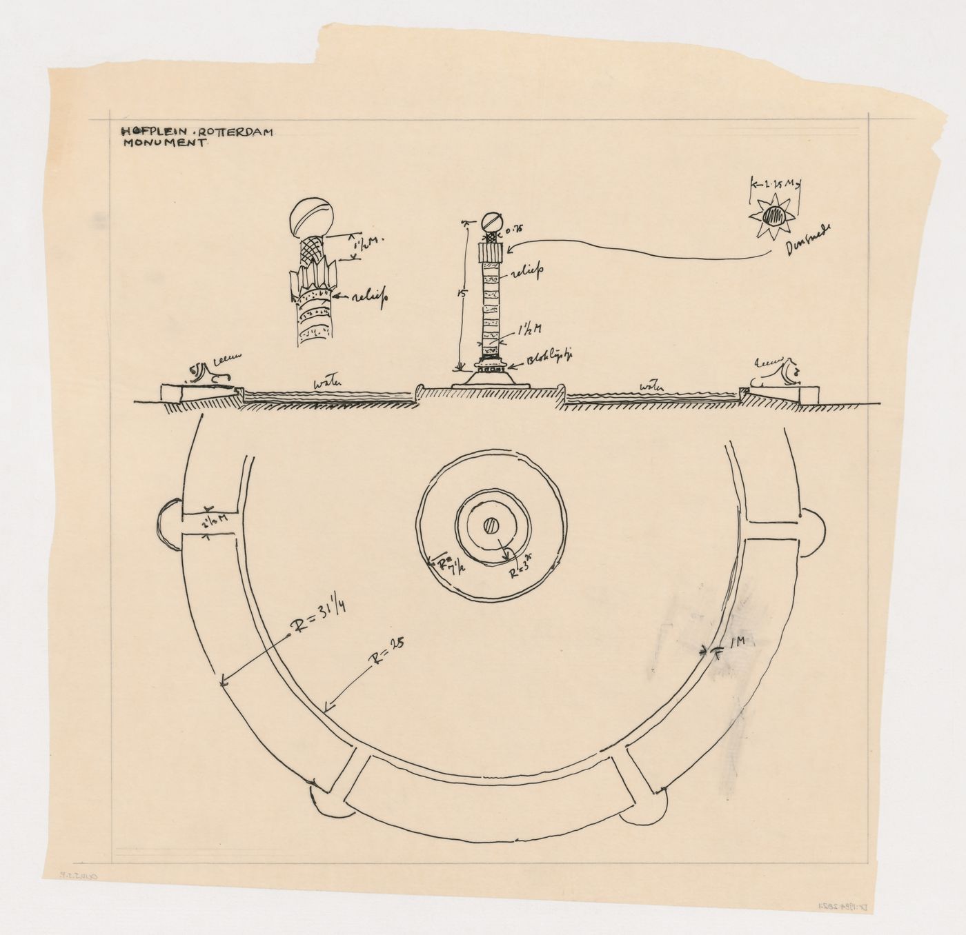 Sketch plan, sketch elevation, and details for a model for a monument for the reconstruction of the Hofplein (city centre), Rotterdam, Netherlands