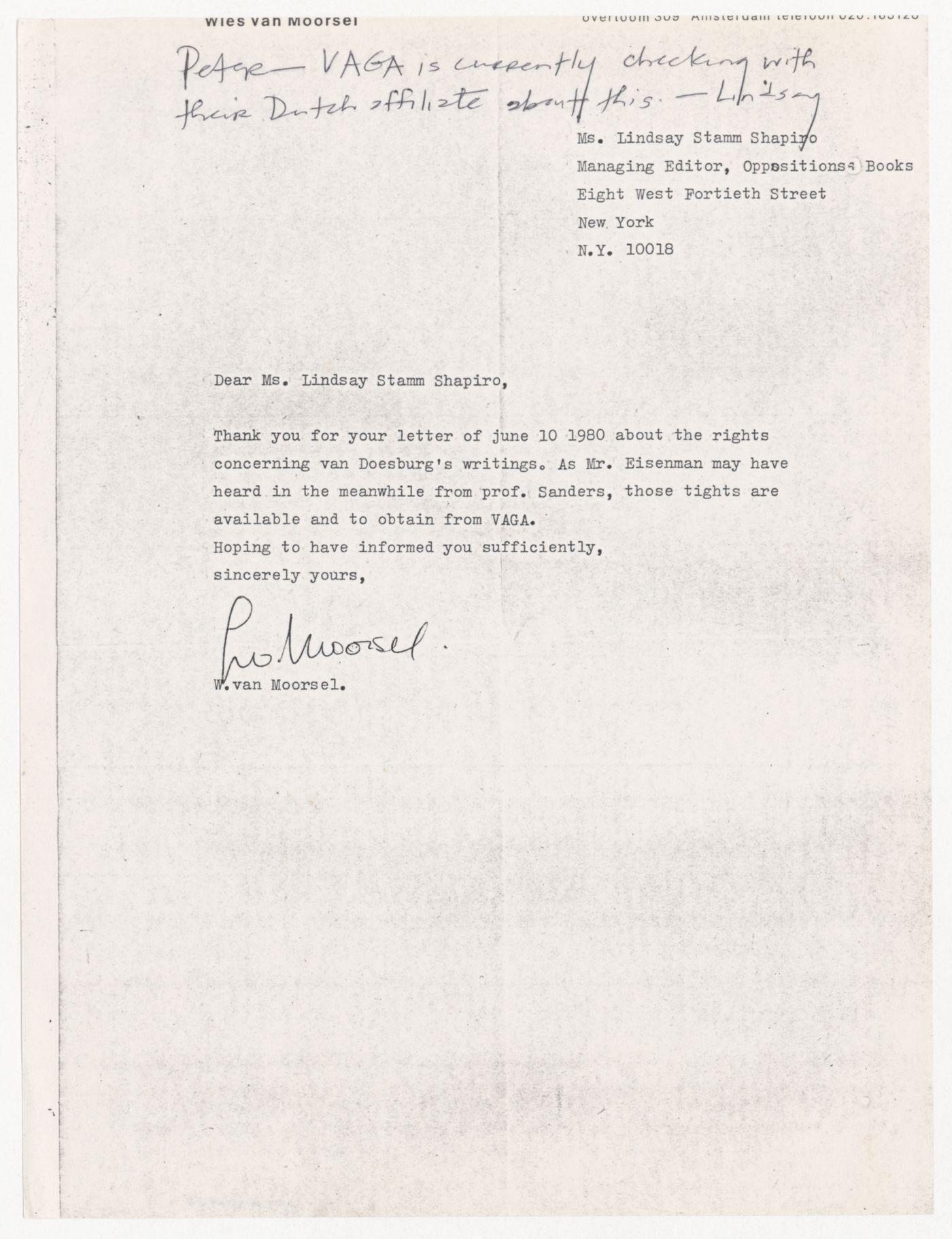 Letter from Wies van Moorsel to Lindsay Stamm Shapiro about rights to Theo van Doesburg's writing with handwritten note from Shapiro to Peter D. Eisenman