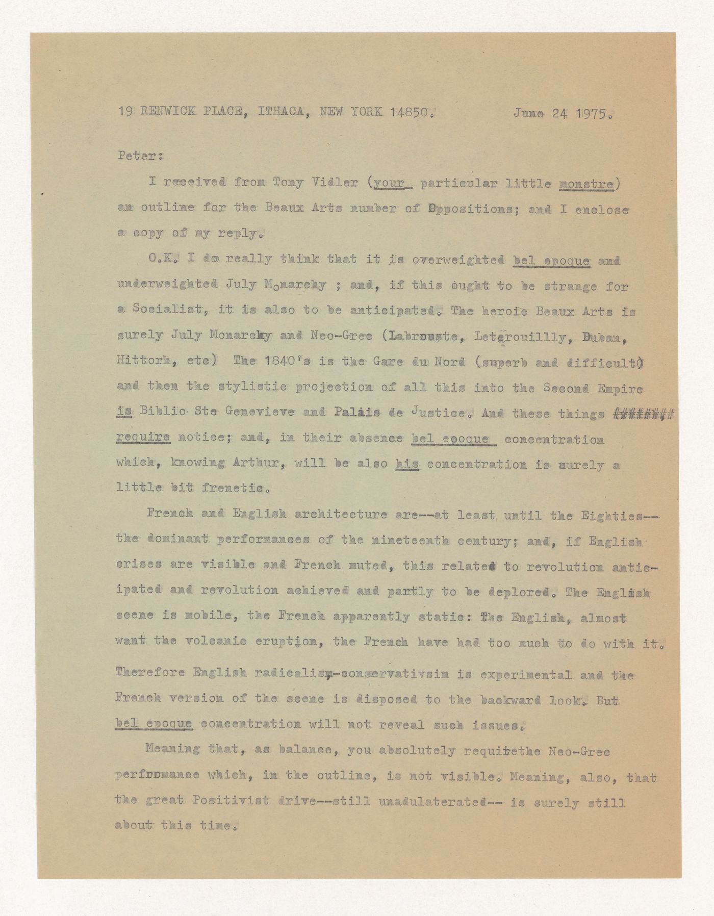 Letter from Colin Rowe to Peter D. Eisenman