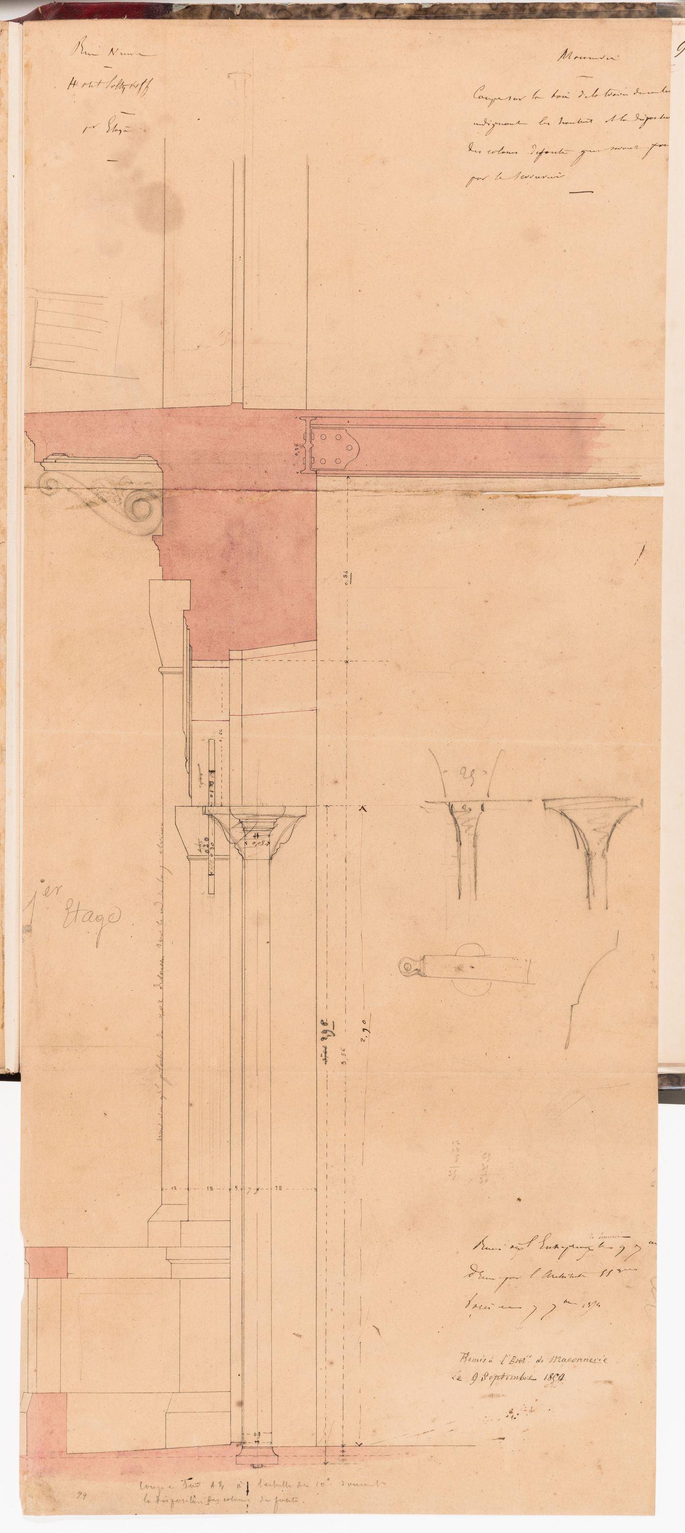 Wall section indicating the location of cast iron columns on the first floor, Hôtel Soltykoff; verso: Construction detail, probably for Hôtel Soltykoff