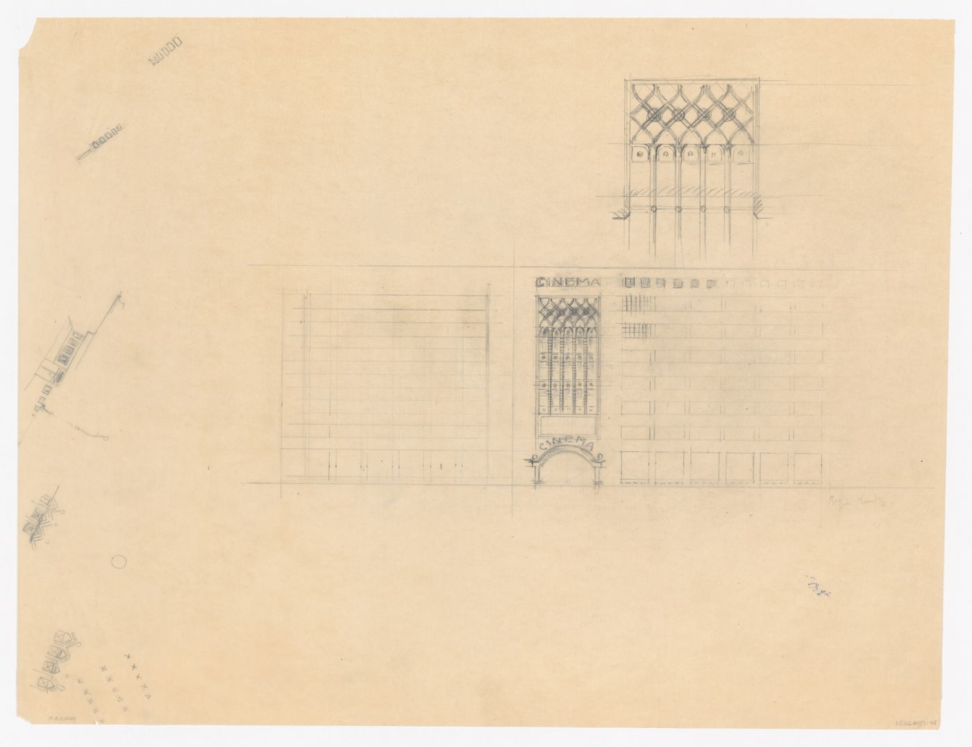 Sketch elevation and detail for exterior ornament for a model for a cinema for the reconstruction of the Hofplein (city centre), Rotterdam, Netherlands