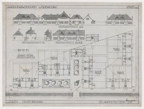 Site plan and plan for a housing unit for Block 3 and principal, rear and lateral elevations for Blocks 1 - 5, Leiderdorp Housing Estate, Leiderdorp, Netherlands