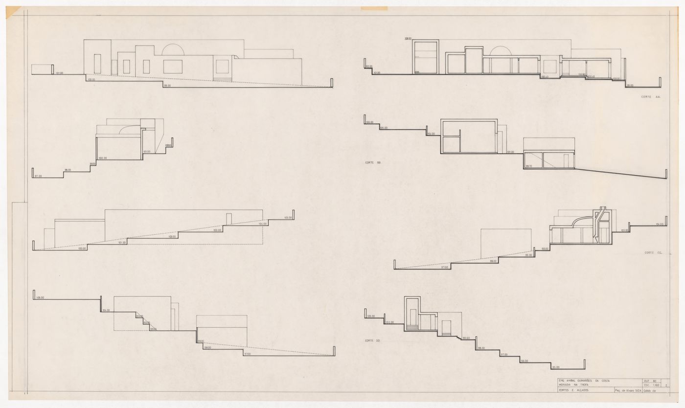 Sections and elevations for Casa Aníbal Guimarães da Costa, Trofa, Portugal