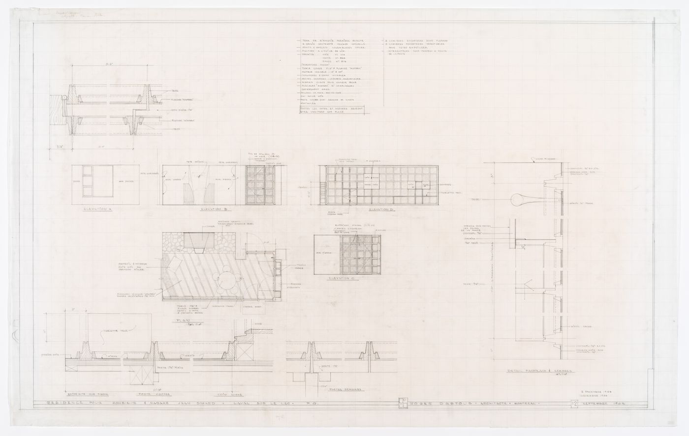 Plan et élévations de détails pour Résidence Jean Simard, Laval-sur-le-Lac, Québec