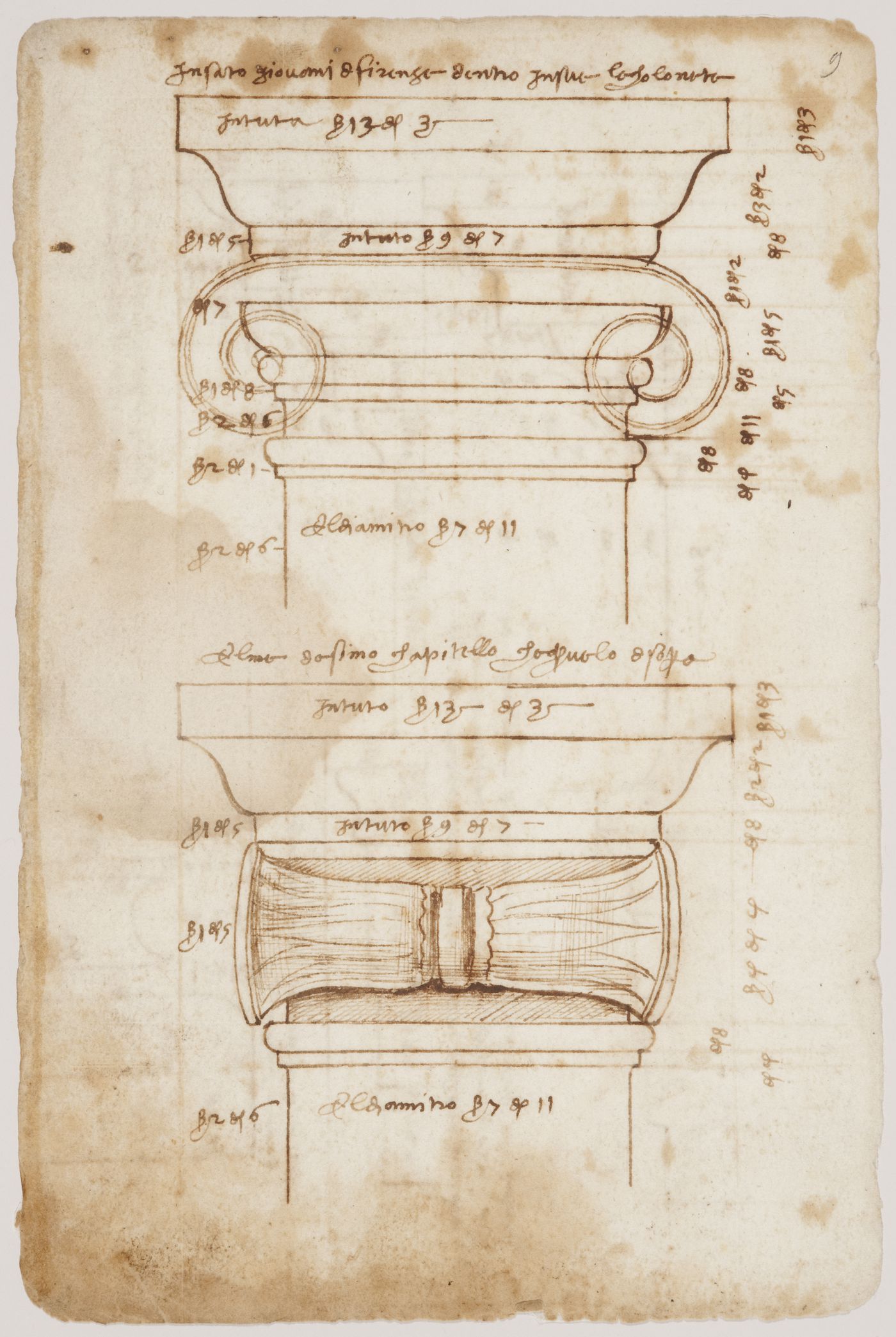 Ionic capital from the interior upper storey of the Baptistery, Florence, Italy; verso: Entablature from the interior upper storey of the Baptistery, Florence, Italy; Entablature from the interior lower storey of the Baptistery, Florence, Italy; Base from one of the columns flanking the tomb of Pope John XXIII, Baptistry, Florence, Italy
