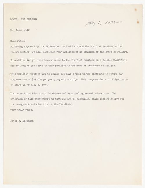 Draft letter from Peter D. Eisenman to Peter Wolf confirming Wolf's appointment as Chairman of the Board of Fellows