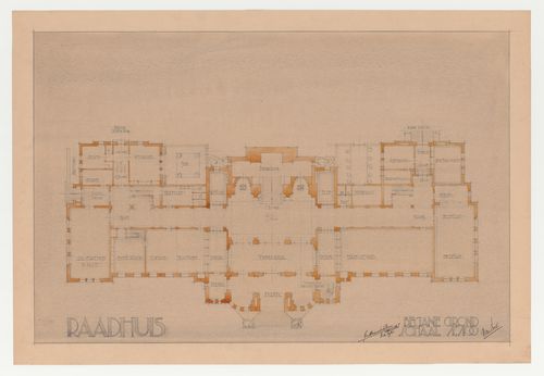 Student presentation drawing showing the ground floor plan for a town hall, Technische Hogeschool Delft, Netherlands