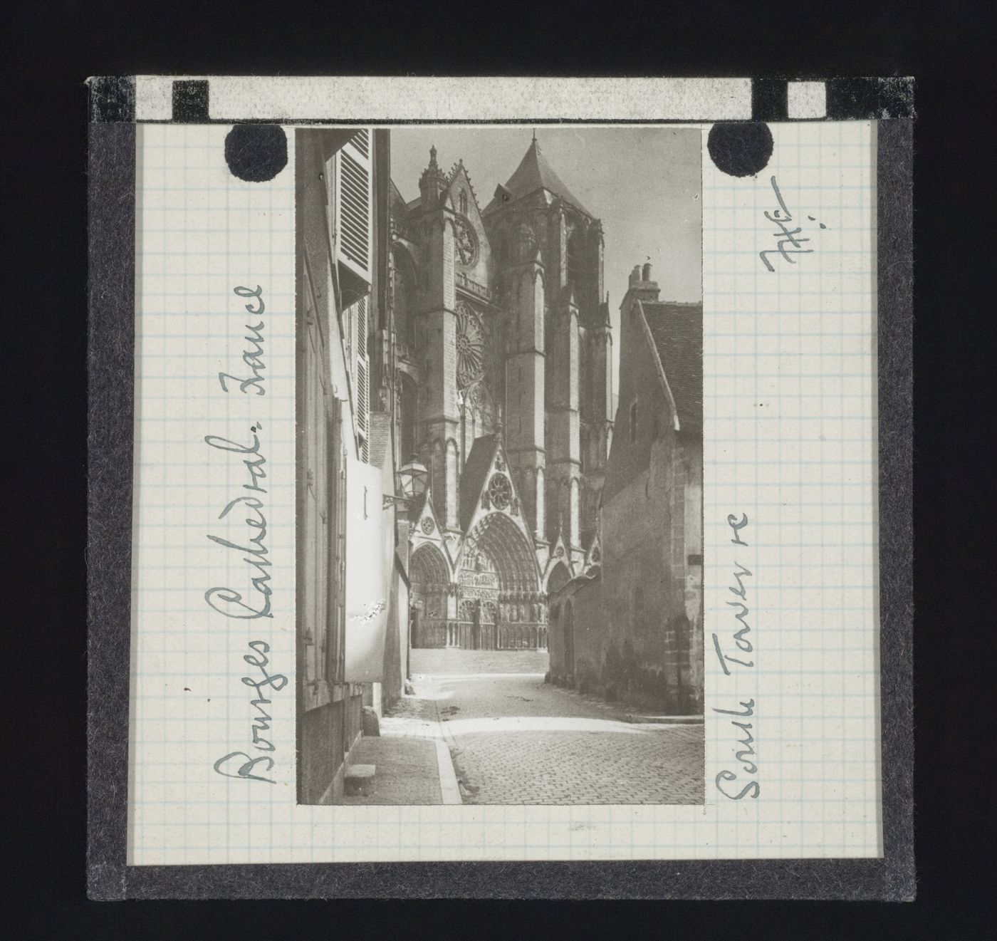 View of south tower and facade of Cathédrale Saint-Etienne de Bourges from the street, Bourges, France