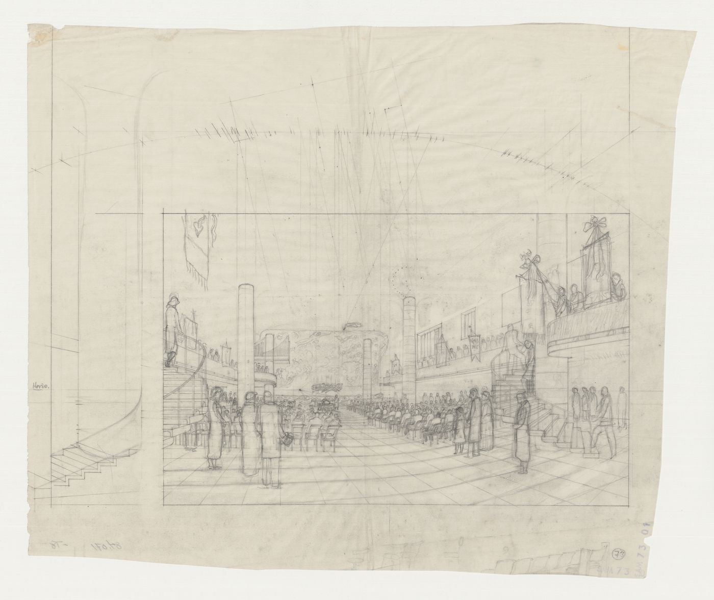 Interior sketch perspective for the Chapel of the Holy Cross showing a mural and a service underway, Woodland Crematorium, Woodland Cemetery, Stockholm, Sweden