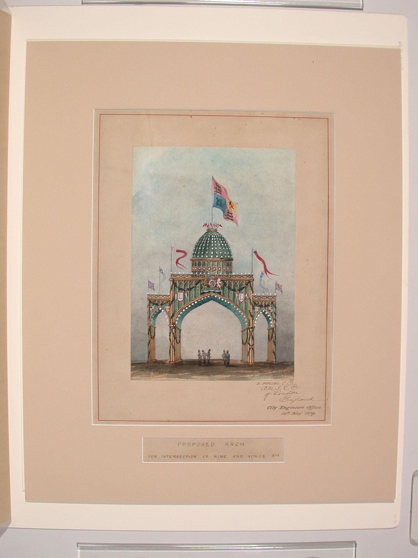 Perspective for a temporary welcome arch at the intersection of King and Yonge Streets for the visit of the Marquess of Lorne and Princess Louise to Toronto, September 1879