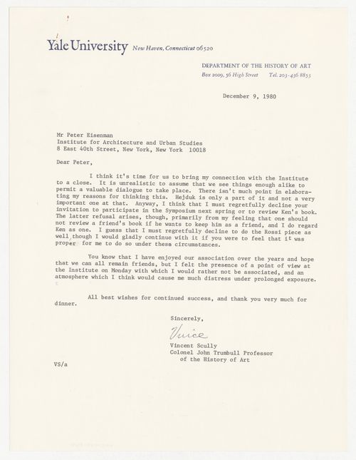 Letter from Vincent Scully to Peter D. Eisenman about ending Scully's involvement with IAUS