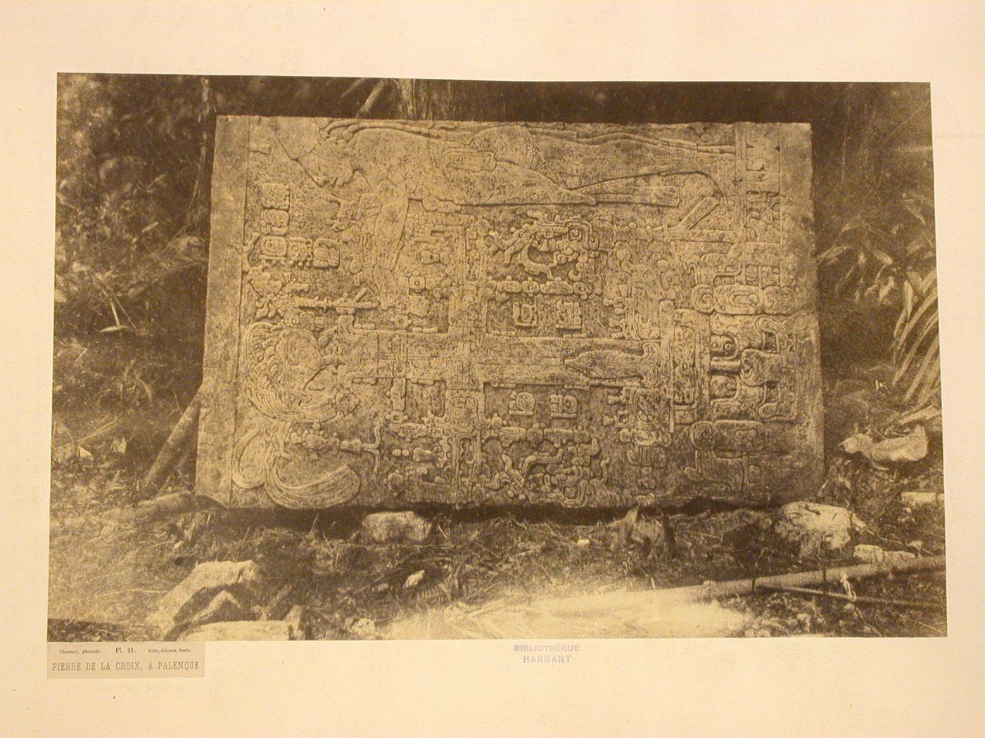 View of a piece of the central panel of a stone triptych showing bas-reliefs, Temple of the Cross, Palenque, Chiapas, Mexico