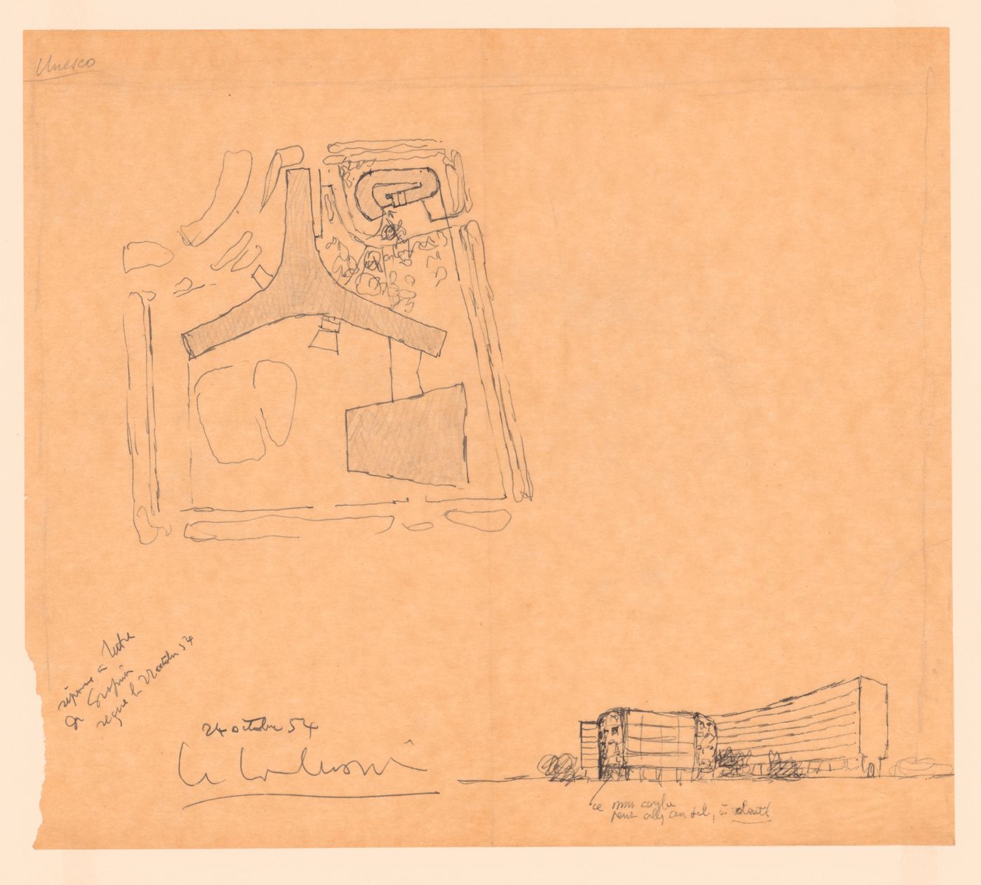 Sketch site plan and sketch view of an alternative proposal for the pavilion at UNESCO Headquarters