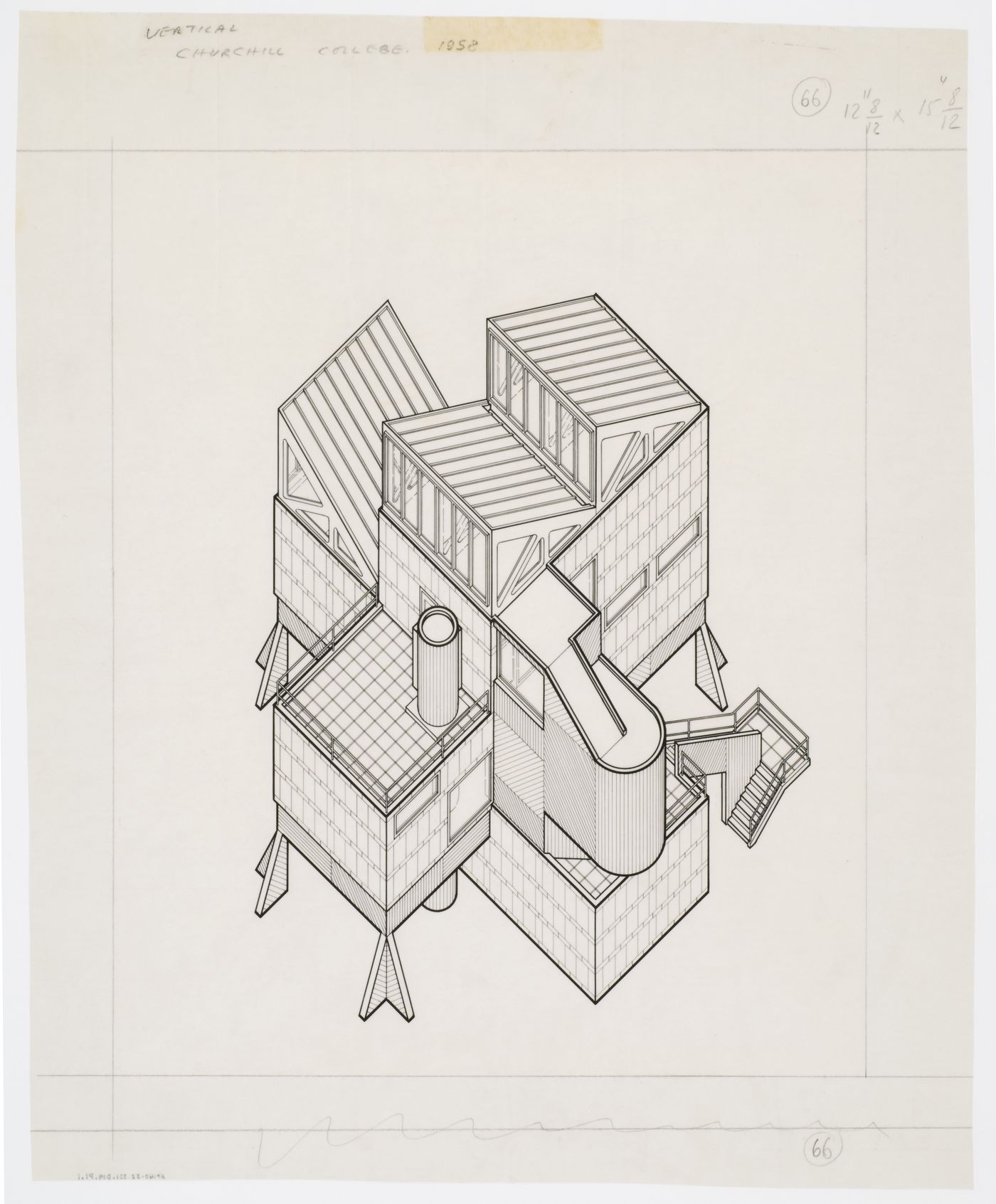 Churchill College, University of Cambridge, Cambridge, England: axonometric of the library