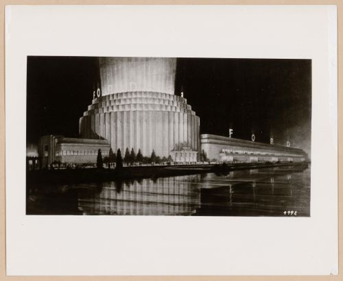 Photograph of a perspective drawing for or of the Rotunda and pavilion of the Ford Motor Company at night, 1933-1934 Chicago World's Fair, Chicago, Illinois