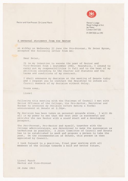 Personal statement from March on his resignation at the Royal College of Art